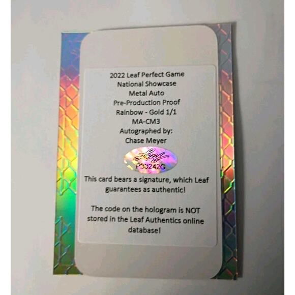2022 Leaf Metal Perfect Game Chase Meyer Autograph Pre Production Proof 1/1 - Picture 4 of 6